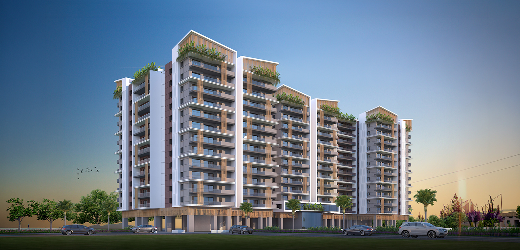 Modern residential exterior with balconies