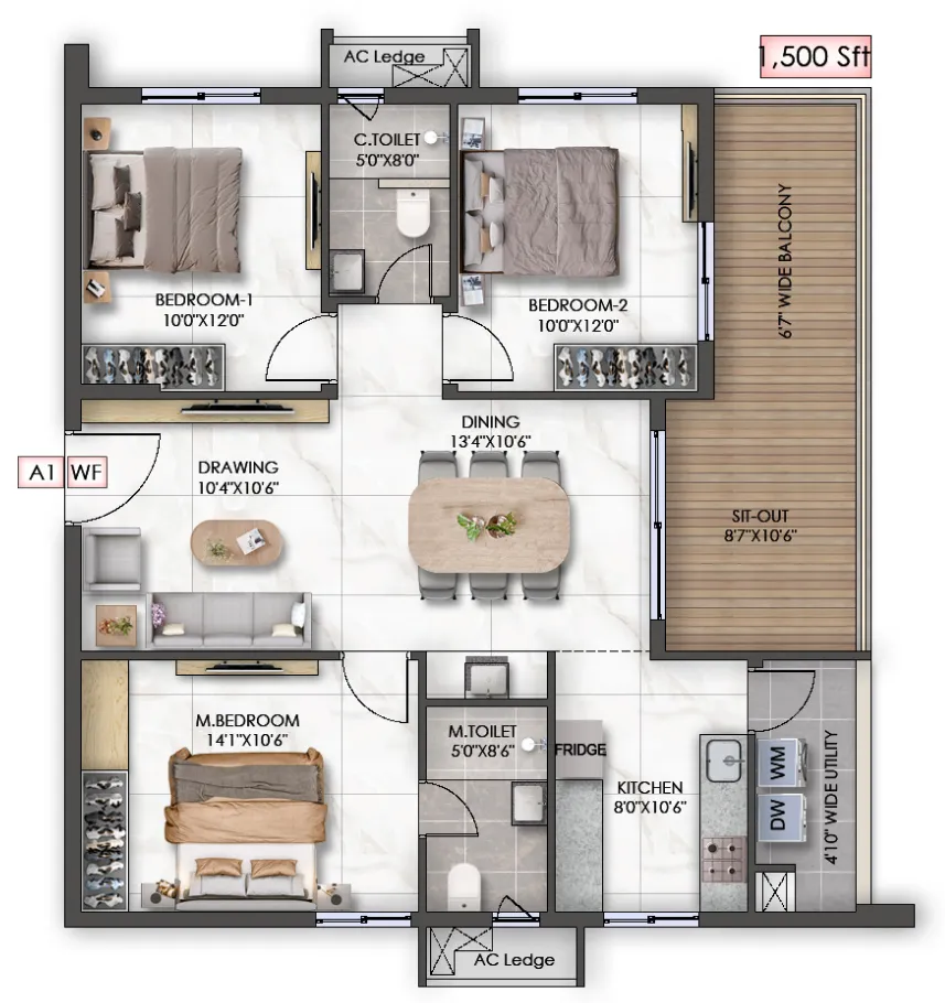 1500 SFT 3 BHK West Facing floor plan